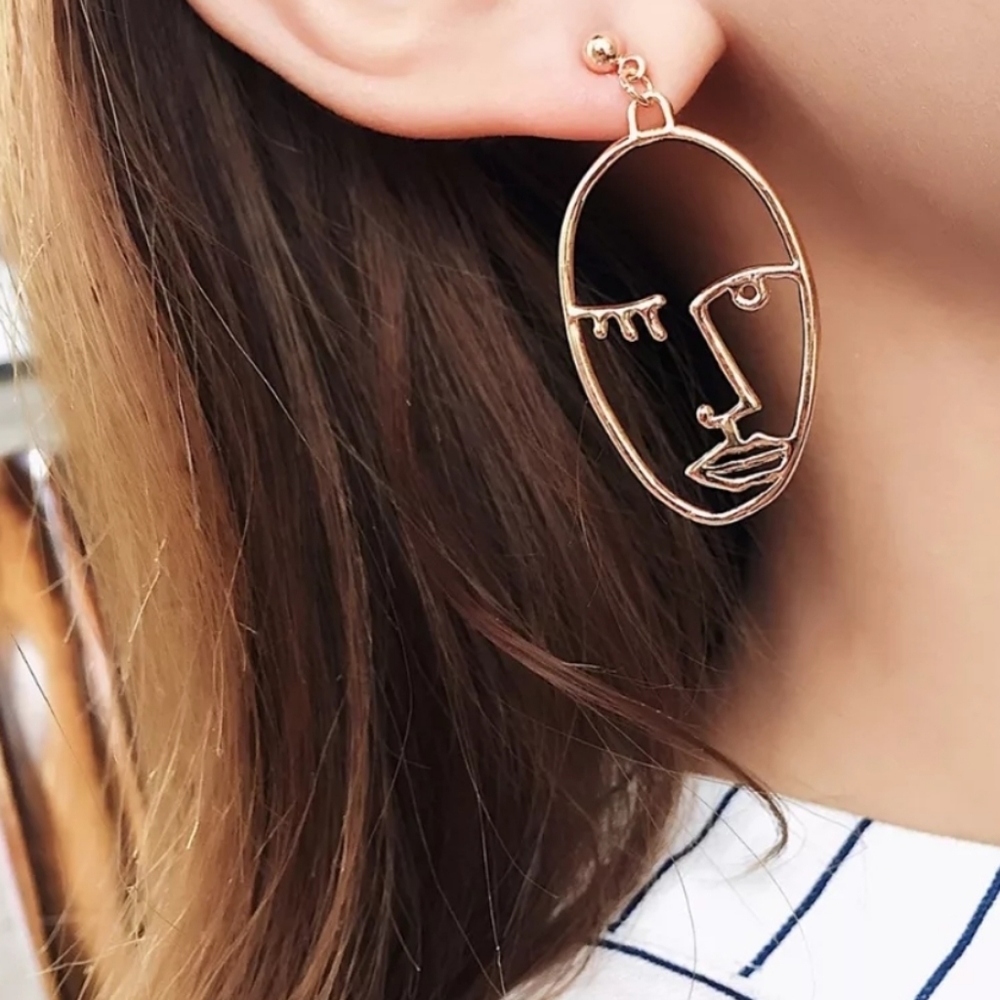 Trendy Abstract Face Dangle Gold Earrings